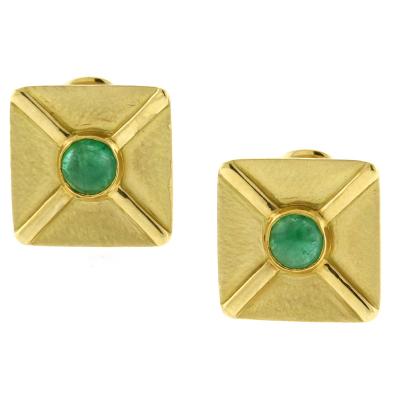 Andrew Clunn Andrew Clunn Square textured Gold Cabochon Emerald Ear Clips