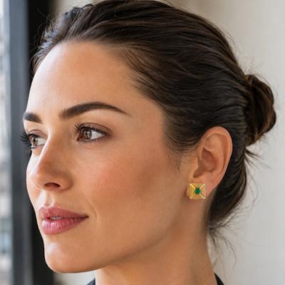 Andrew Clunn Andrew Clunn Square textured Gold Cabochon Emerald Ear Clips
