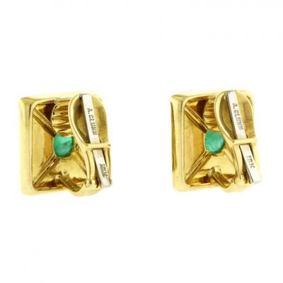 Andrew Clunn Andrew Clunn Square textured Gold Cabochon Emerald Ear Clips
