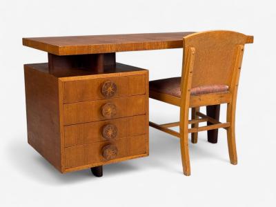 Andrew Szoeke Andrew Szoeke Satinwood Oak Writing Desk and Chair USA 1950s