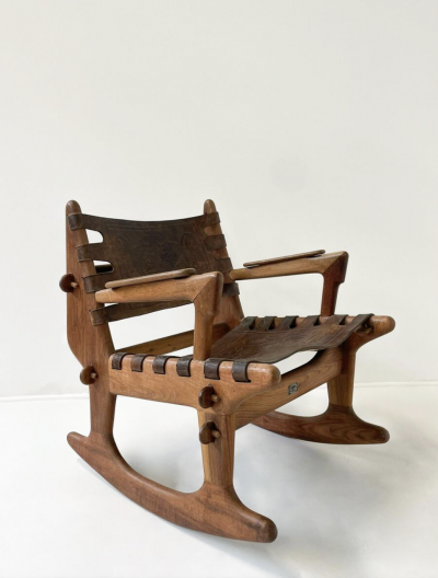 Angel Pazmino Mid Century Modern Leather Rocking Chair by Angel Pazmino Ecuador 1970s
