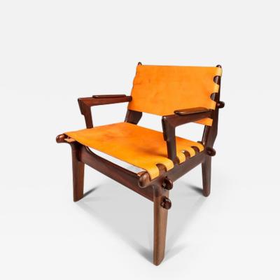 Angel Pazmino Mid Century Modern Tooled Leather Sling Safari Lounge Chair by Angel Pazmino