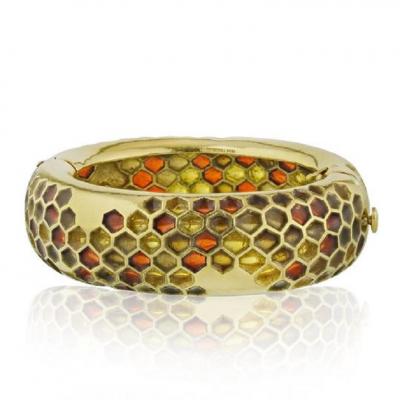 Angela Cummings ANGELA CUMMINGS 18K YELLOW GOLD PLIQUE A JOUR LARGE HONEYCOMB BANGLE BRACELET
