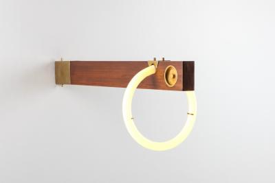 Angelo Brotto Angelo Brotto Neon Wall Light In Walnut Brass 1970s