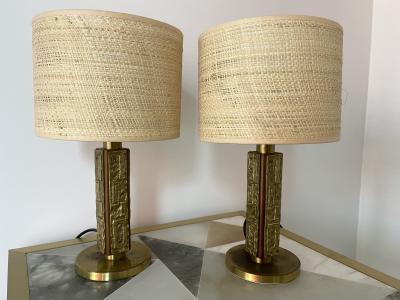 Angelo Brotto Pair of Brass and Wood Sculpture Lamps by Angelo Brotto for Esperia Italy 1970s