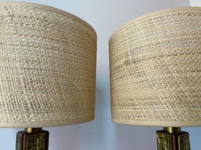 Angelo Brotto Pair of Brass and Wood Sculpture Lamps by Angelo Brotto for Esperia Italy 1970s