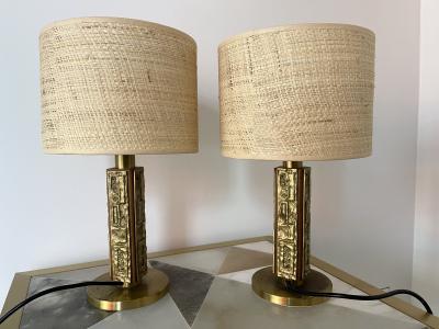 Angelo Brotto Pair of Brass and Wood Sculpture Lamps by Angelo Brotto for Esperia Italy 1970s