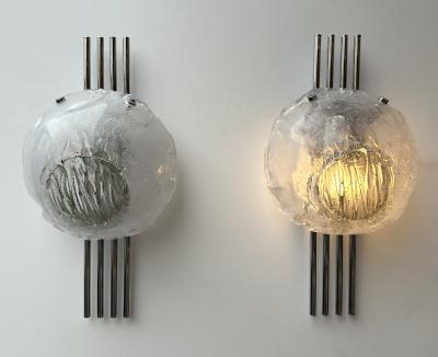 Angelo Brotto Pair of Murano Glass and Metal Chrome Sconces by Esperia Italy 1970s