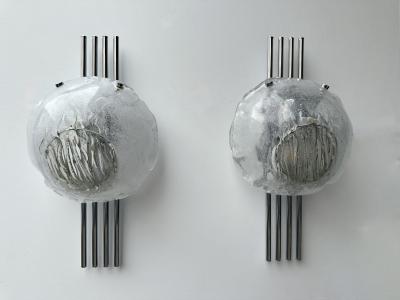 Angelo Brotto Pair of Murano Glass and Metal Chrome Sconces by Esperia Italy 1970s