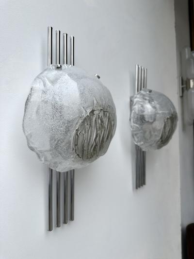 Angelo Brotto Pair of Murano Glass and Metal Chrome Sconces by Esperia Italy 1970s