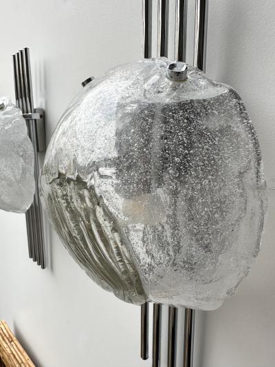 Angelo Brotto Pair of Murano Glass and Metal Chrome Sconces by Esperia Italy 1970s