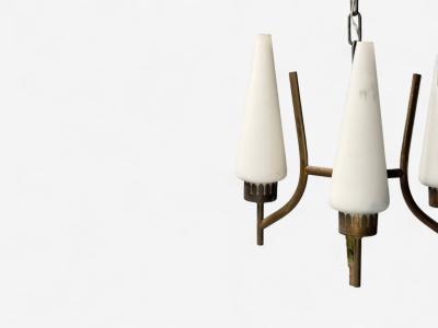 Angelo Lelli Lelii Angelo Lelli Italian Modern Brass Opal Glass Pendant light Italy 1950s