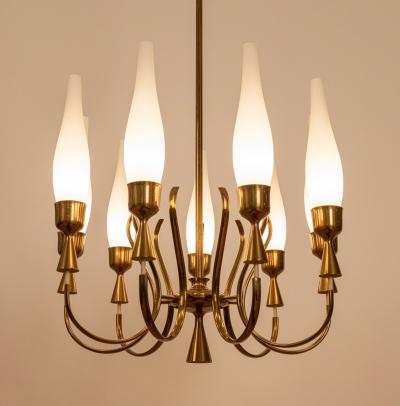 Angelo Lelli Lelii Mod 12613 9 Arm Brass Chandelier by Angelo Lelii for Arredoluce Italy c 1957