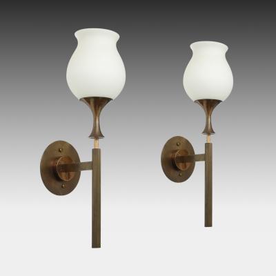 Angelo Lelli Lelii Rare Pair of Frosted Glass and Brass Sconces by Arredoluce