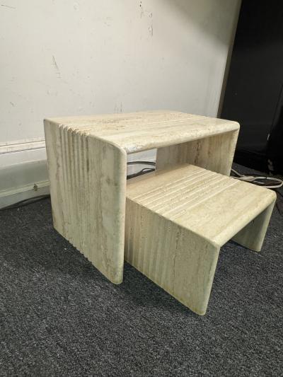 Angelo Mangiarotti ITALIAN MODERNIST PAIR OF LINE DESIGN TRAVERTINE NESTING TABLES
