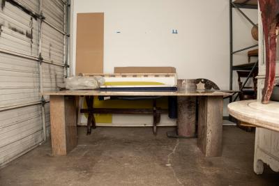 Angelo Mangiarotti Italian Modern Travertine Center Table or Desk Designed by Angelo Mangiarotti