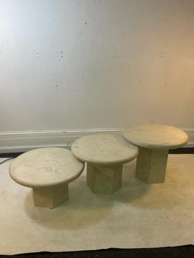 Angelo Mangiarotti MODERN TRIO OF ITALIAN ROUND TOP TRAVERTINE TABLES WITH OCTAGONAL PEDESTAL BASE