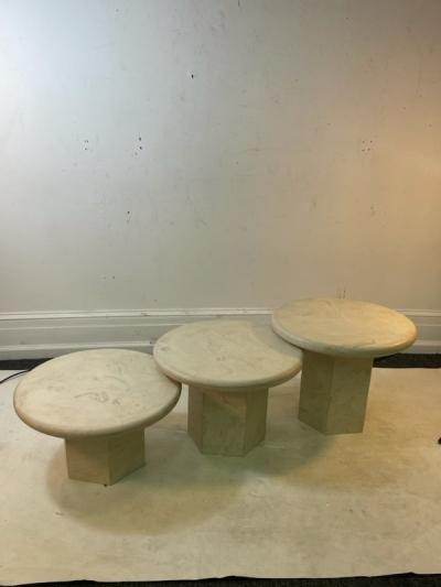 Angelo Mangiarotti MODERN TRIO OF ITALIAN ROUND TOP TRAVERTINE TABLES WITH OCTAGONAL PEDESTAL BASE