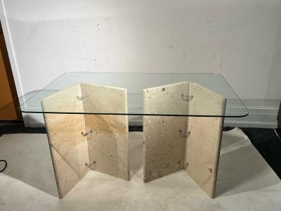 Angelo Mangiarotti MODERNIST ITALIAN TRAVERTINE AND GLASS CONSOLE TABLE
