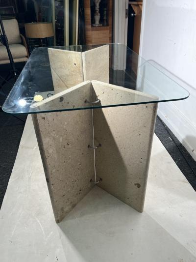 Angelo Mangiarotti MODERNIST ITALIAN TRAVERTINE AND GLASS CONSOLE TABLE