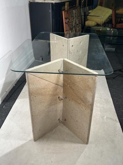 Angelo Mangiarotti MODERNIST ITALIAN TRAVERTINE AND GLASS CONSOLE TABLE