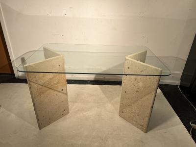Angelo Mangiarotti MODERNIST ITALIAN TRAVERTINE AND GLASS CONSOLE TABLE