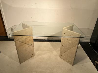Angelo Mangiarotti MODERNIST ITALIAN TRAVERTINE AND GLASS CONSOLE TABLE