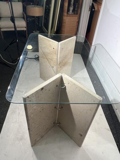 Angelo Mangiarotti MODERNIST ITALIAN TRAVERTINE AND GLASS CONSOLE TABLE