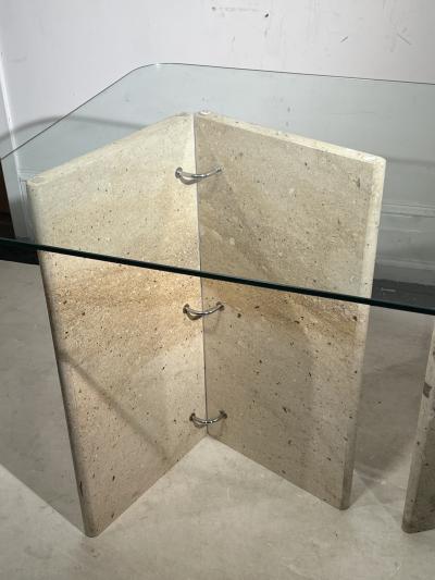 Angelo Mangiarotti MODERNIST ITALIAN TRAVERTINE AND GLASS CONSOLE TABLE