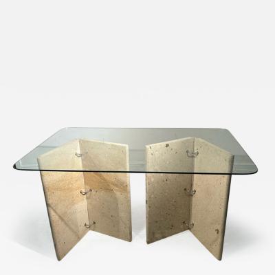 Angelo Mangiarotti MODERNIST ITALIAN TRAVERTINE AND GLASS CONSOLE TABLE
