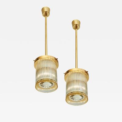 Angelo Mangiarotti Pair of Gold Toned Ribbed Glass lanterns