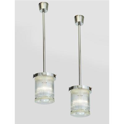 Angelo Mangiarotti Pair of Ribbed Glass Lanterns or Pendants with Nickeled Mounts