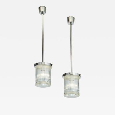 Angelo Mangiarotti Pair of Ribbed Glass Lanterns or Pendants with Nickeled Mounts