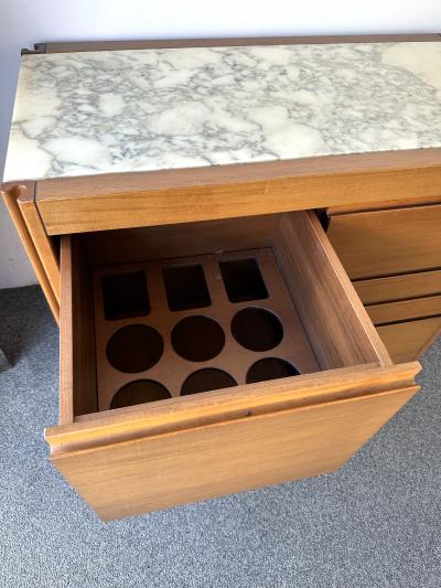 Angelo Mangiarotti Wood and Marble Dry Bar Cart by Angelo Mangiarotti for Molteni Italy 1960s