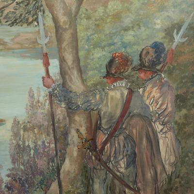 Angelo Urbani del Fabbretto Cavaliers Watching Bathing Nymphs large oil on canvas painting by Fabbretto