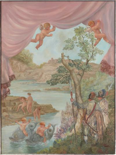 Angelo Urbani del Fabbretto Cavaliers Watching Bathing Nymphs large oil on canvas painting by Fabbretto