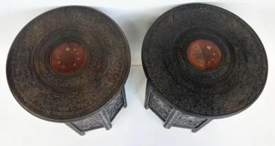 Anglo Indian Carved Pierced Inlaid Folding Campaign Tables Pair