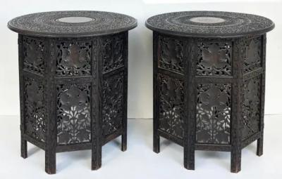 Anglo Indian Carved Pierced Inlaid Folding Campaign Tables Pair