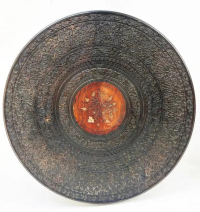 Anglo Indian Carved Pierced Inlaid Folding Campaign Tables Pair