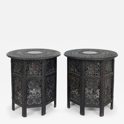 Anglo Indian Carved Pierced Inlaid Folding Campaign Tables Pair