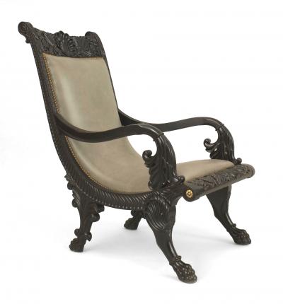 Anglo Indian Ebony and Gray Leather Arm Chair