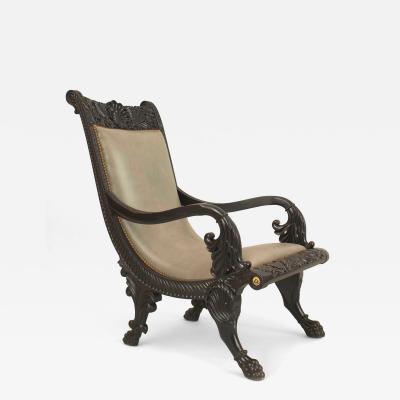 Anglo Indian Ebony and Gray Leather Arm Chair