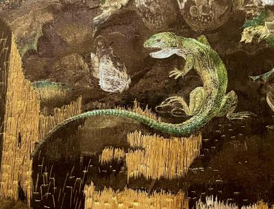 Anglo Indian Zoological Silkwork Embroidery in Original Ebony Frame circa 1840