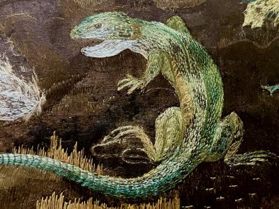 Anglo Indian Zoological Silkwork Embroidery in Original Ebony Frame circa 1840