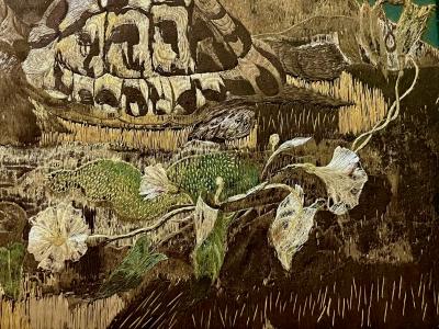 Anglo Indian Zoological Silkwork Embroidery in Original Ebony Frame circa 1840