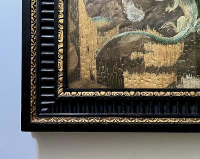 Anglo Indian Zoological Silkwork Embroidery in Original Ebony Frame circa 1840