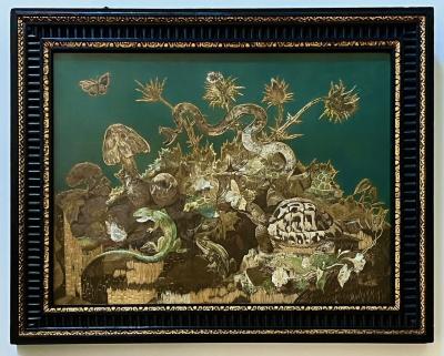 Anglo Indian Zoological Silkwork Embroidery in Original Ebony Frame circa 1840