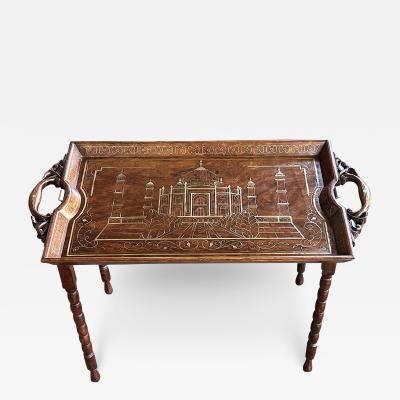Anglo Indian butlers style inlaid wooden traveling table depicting the Taj Mahal