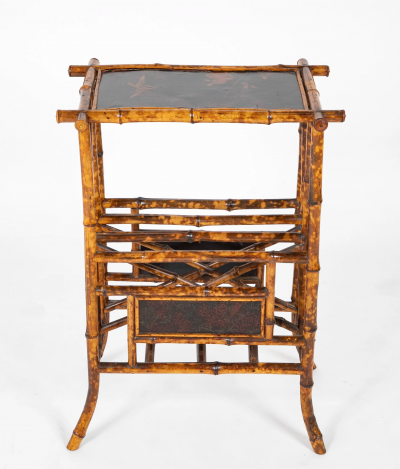 Anglo Japanese Bamboo Canterbury Table with Chinoiserie Panels Top
