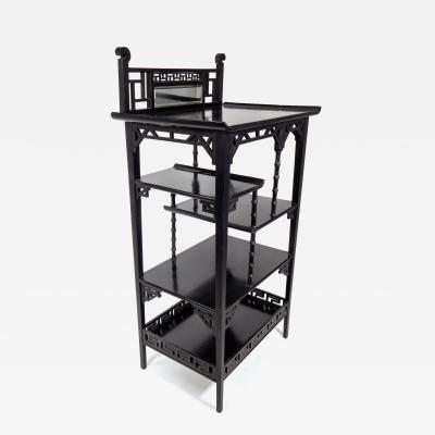 Anglo Japanese Ebonized Display Shelves with Pagoda Sides Fret Work Decoration